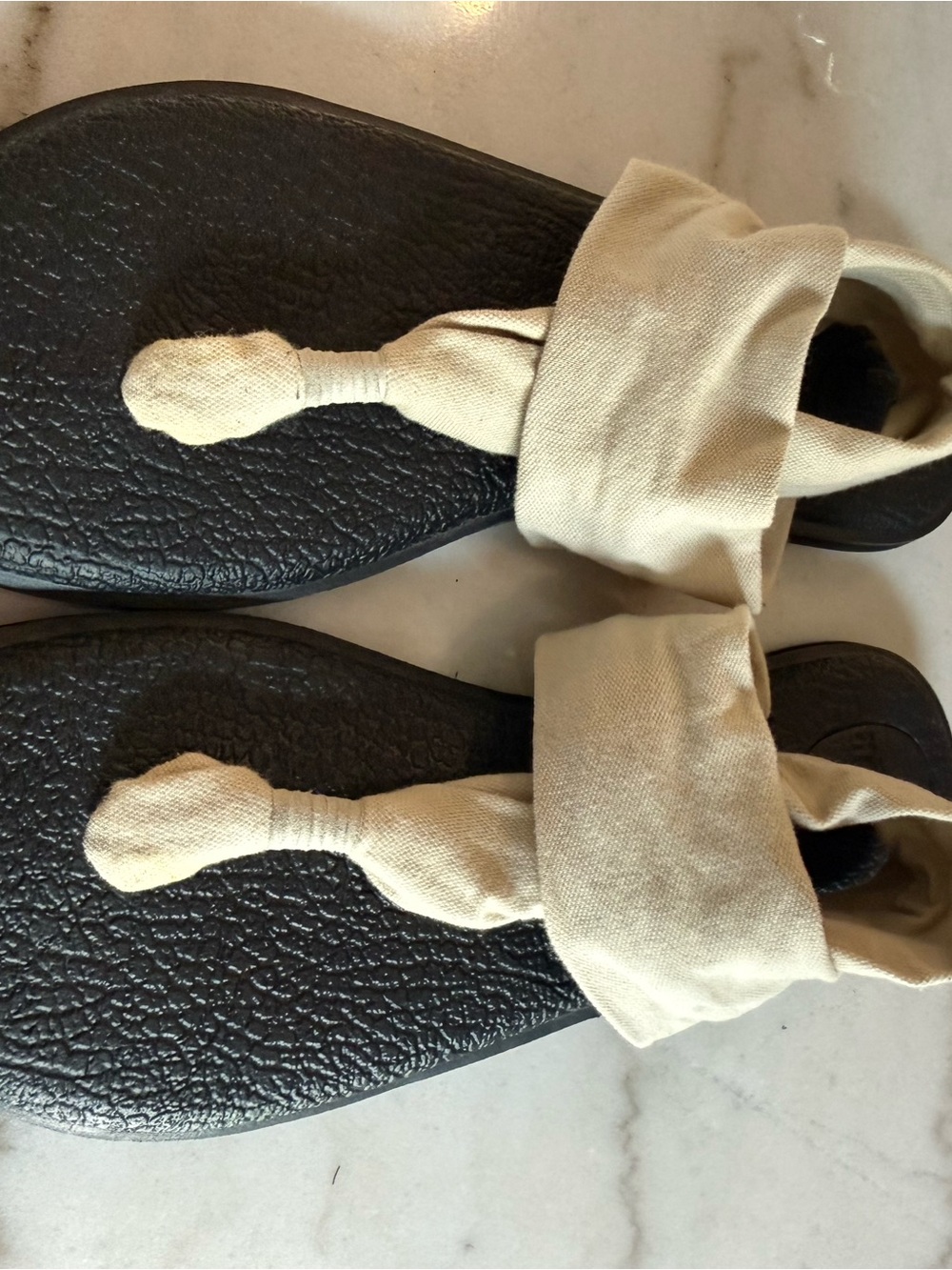 Sanuk Black Footbed Sandals with Cream Fabric Straps